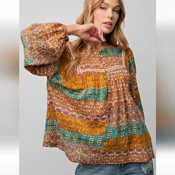 New! Easel Boho Printed Cotton Voile Top 1X - Picture 3 of 15